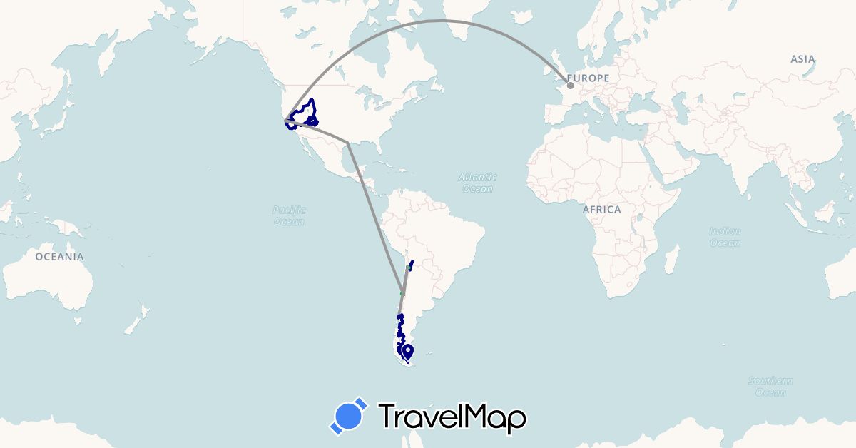 TravelMap itinerary: driving, bus, plane, train, boat in Argentina, Bolivia, Chile, France, United States (Europe, North America, South America)